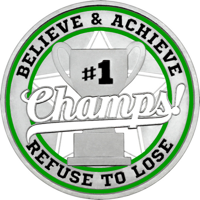 White "Champs!" with Green Outer Circular Borders